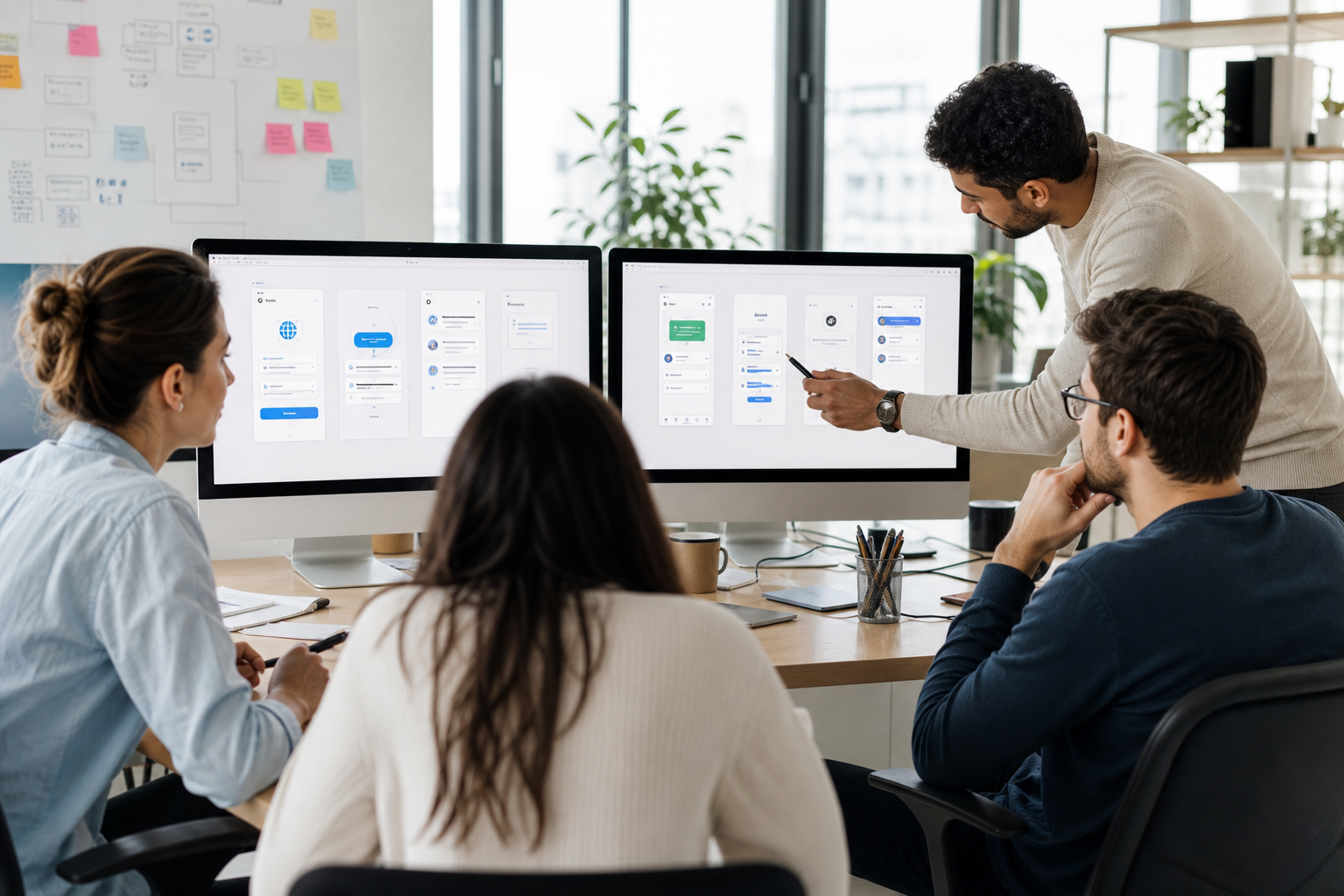 Product team comparing chatbot and messaging channels on dual monitors in a bright workshop