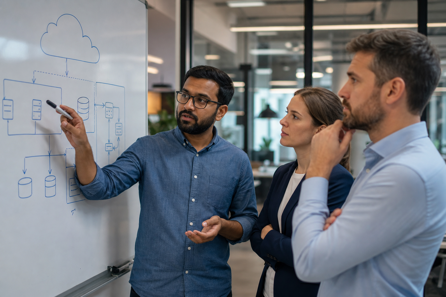 Engineers collaborating on cloud infrastructure in a data center