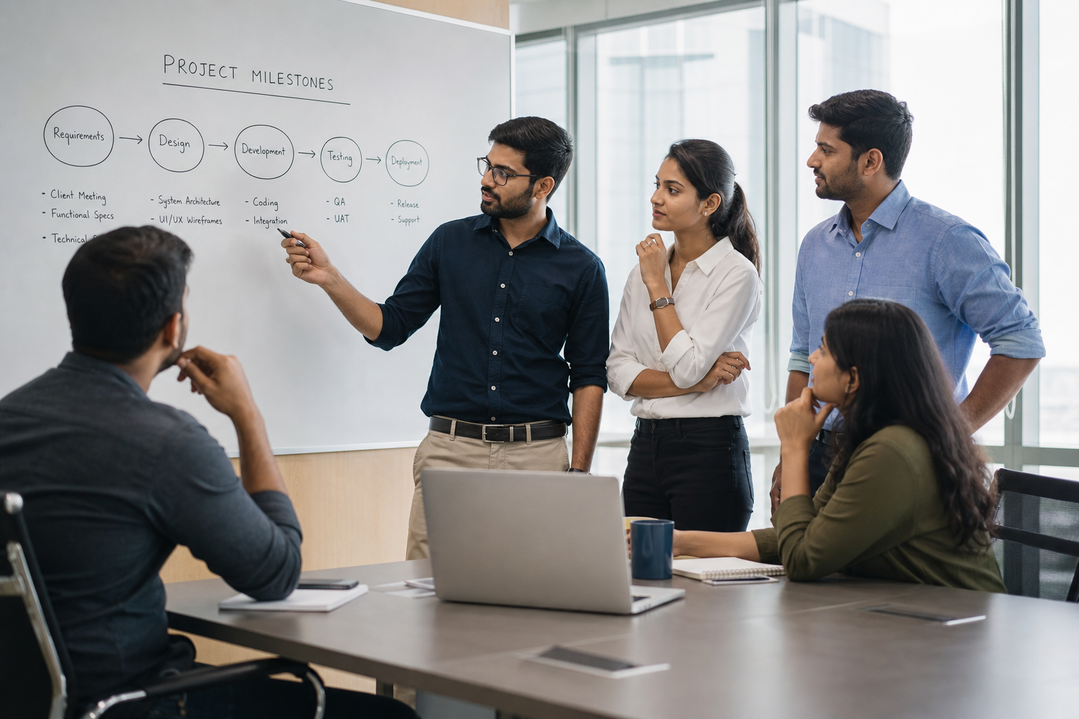 Engineering team planning software milestones around a whiteboard and laptop in a bright office