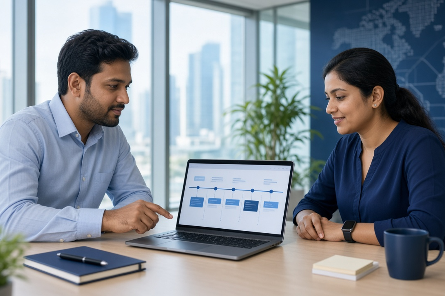 Two professionals reviewing a software delivery timeline on a laptop in a bright modern office