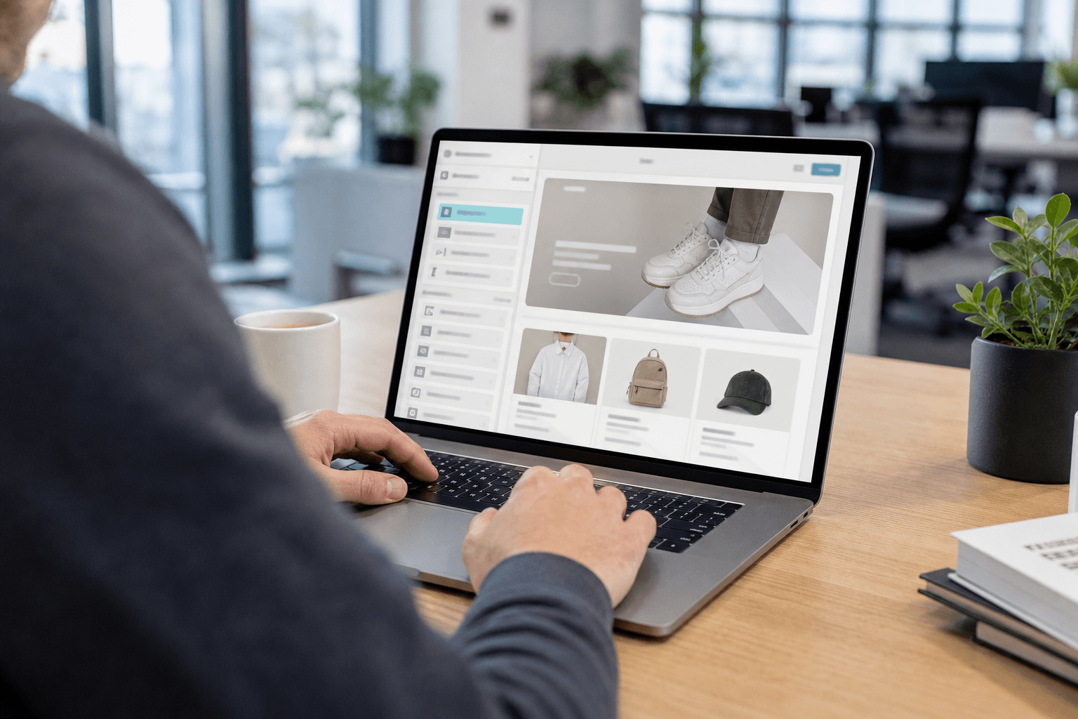 Developer customizing an e-commerce storefront theme on a laptop in a modern office