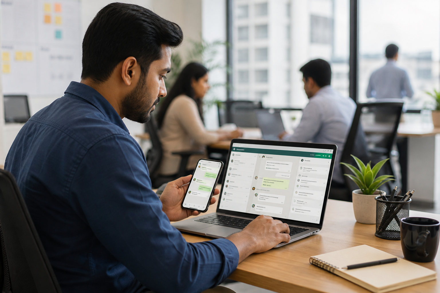 Marketer reviewing WhatsApp Business chat automation on a laptop and phone in a bright office