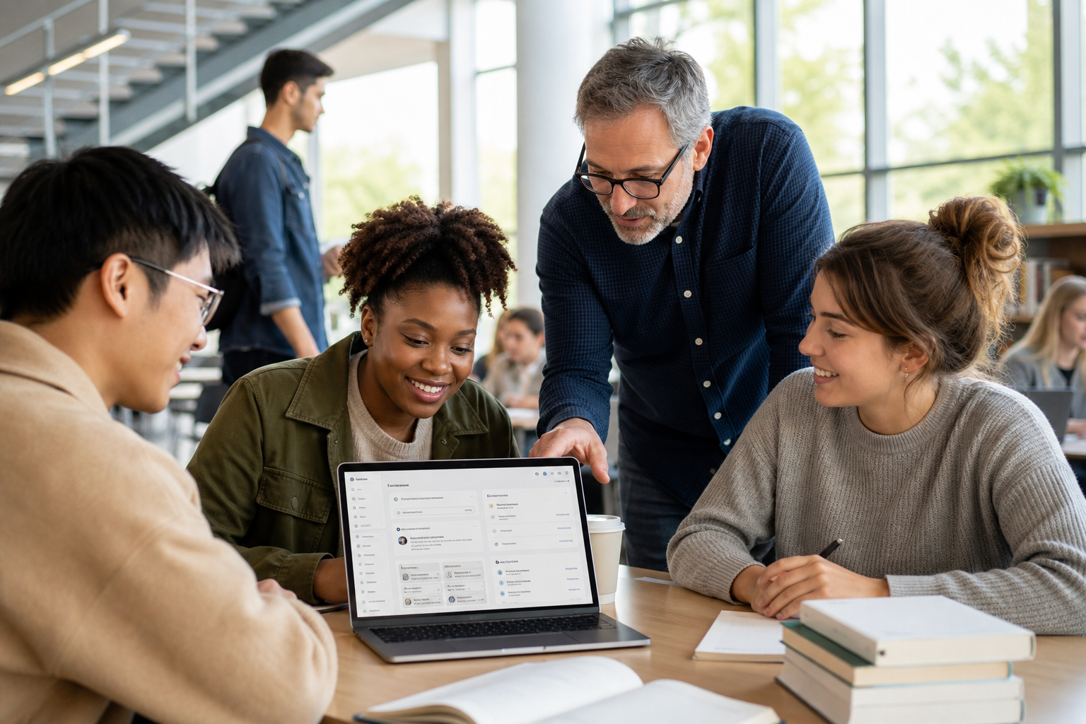 Students and faculty collaborating around a laptop showing a campus learning portal