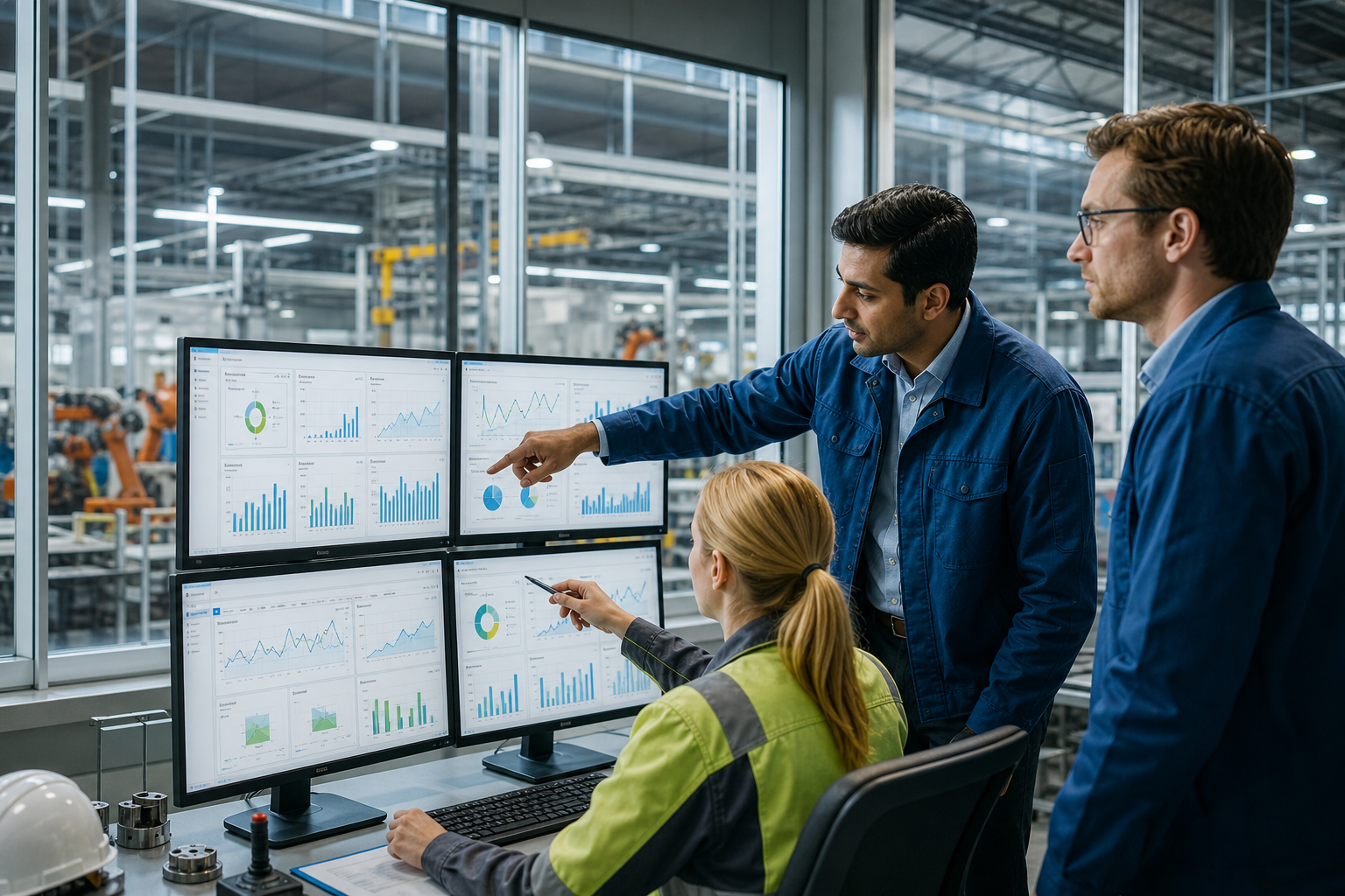 Plant engineers reviewing a light-mode production and quality dashboard in a factory control room