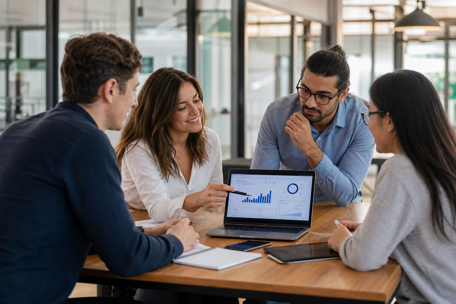 Startup product team reviewing SaaS analytics and MVP roadmap
