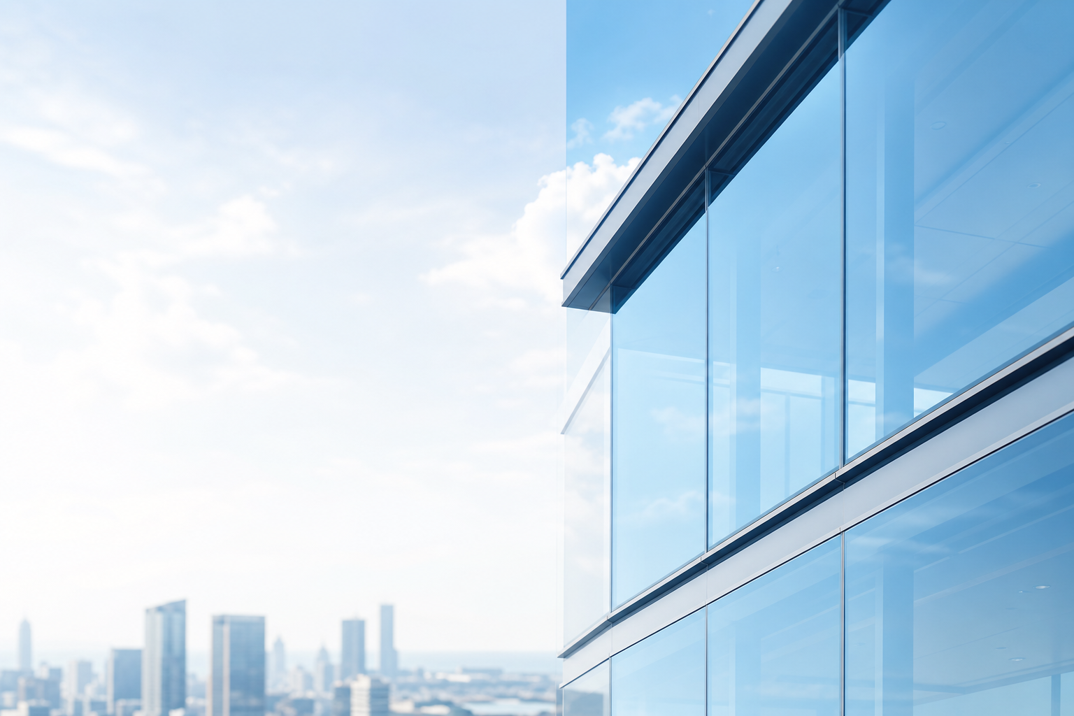 Modern glass architecture reflecting clear sky — AVYRION digital product engineering