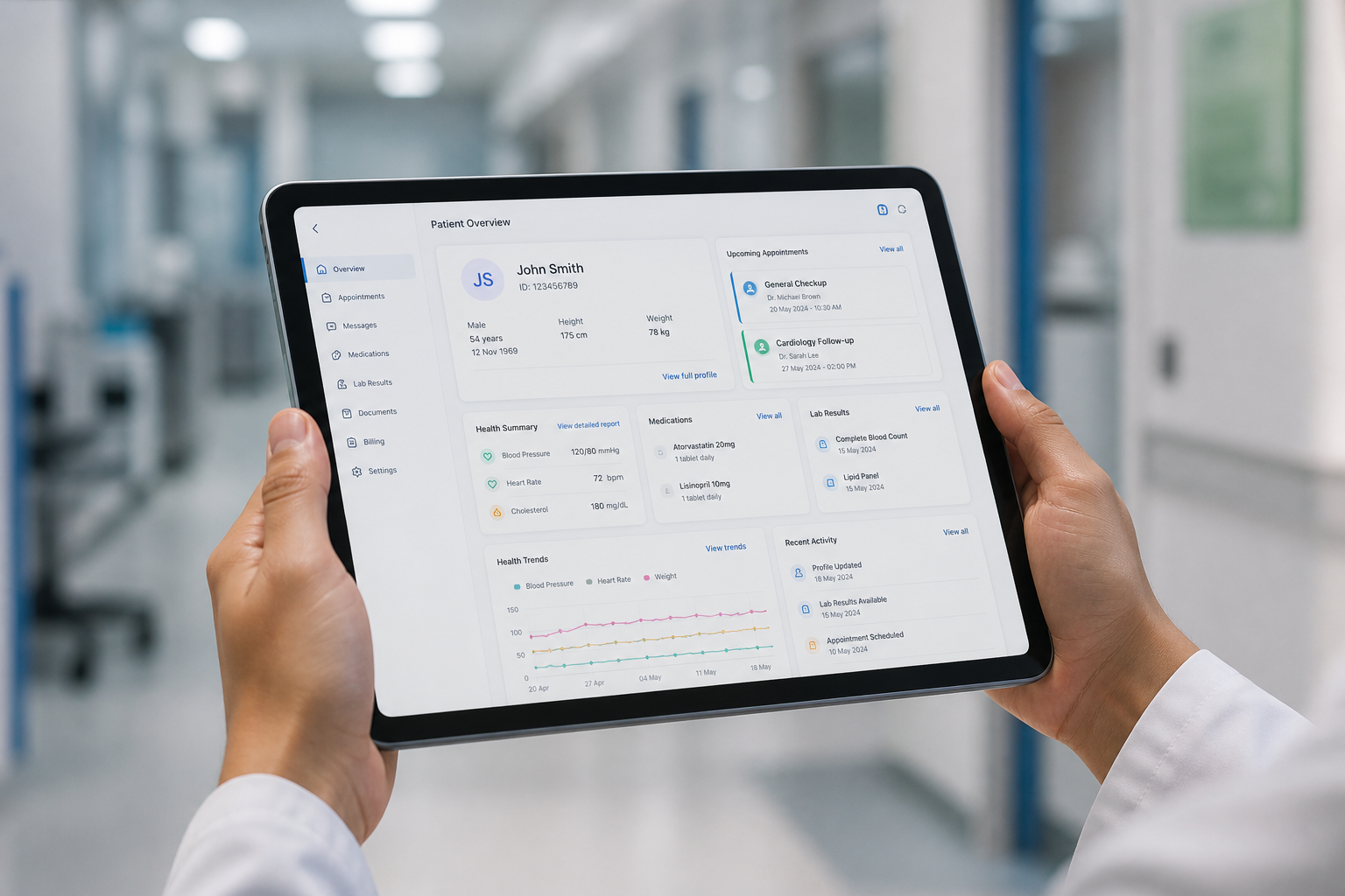 Clinician hands holding a tablet with a patient care analytics dashboard