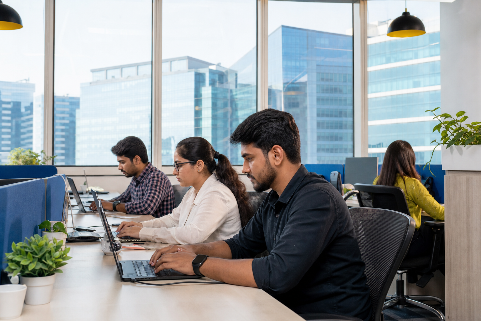 AVYRION software team in a modern Gurugram office with city skyline